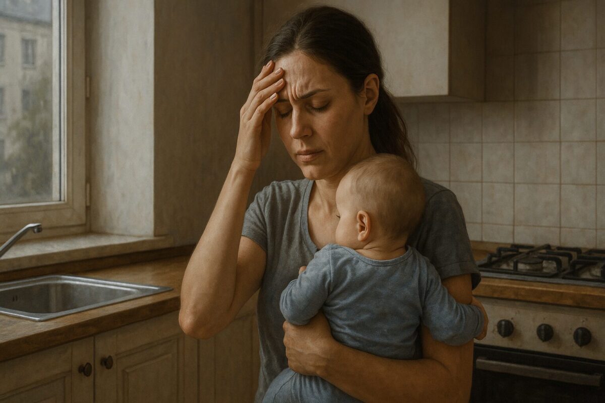Молодая женщина с ребёнком на руках стоит на кухне у окна, с усталым и обеспокоенным выражением лица; она прижимает ладонь ко лбу, отражая внутреннюю усталость и напряжение повседневной жизни.