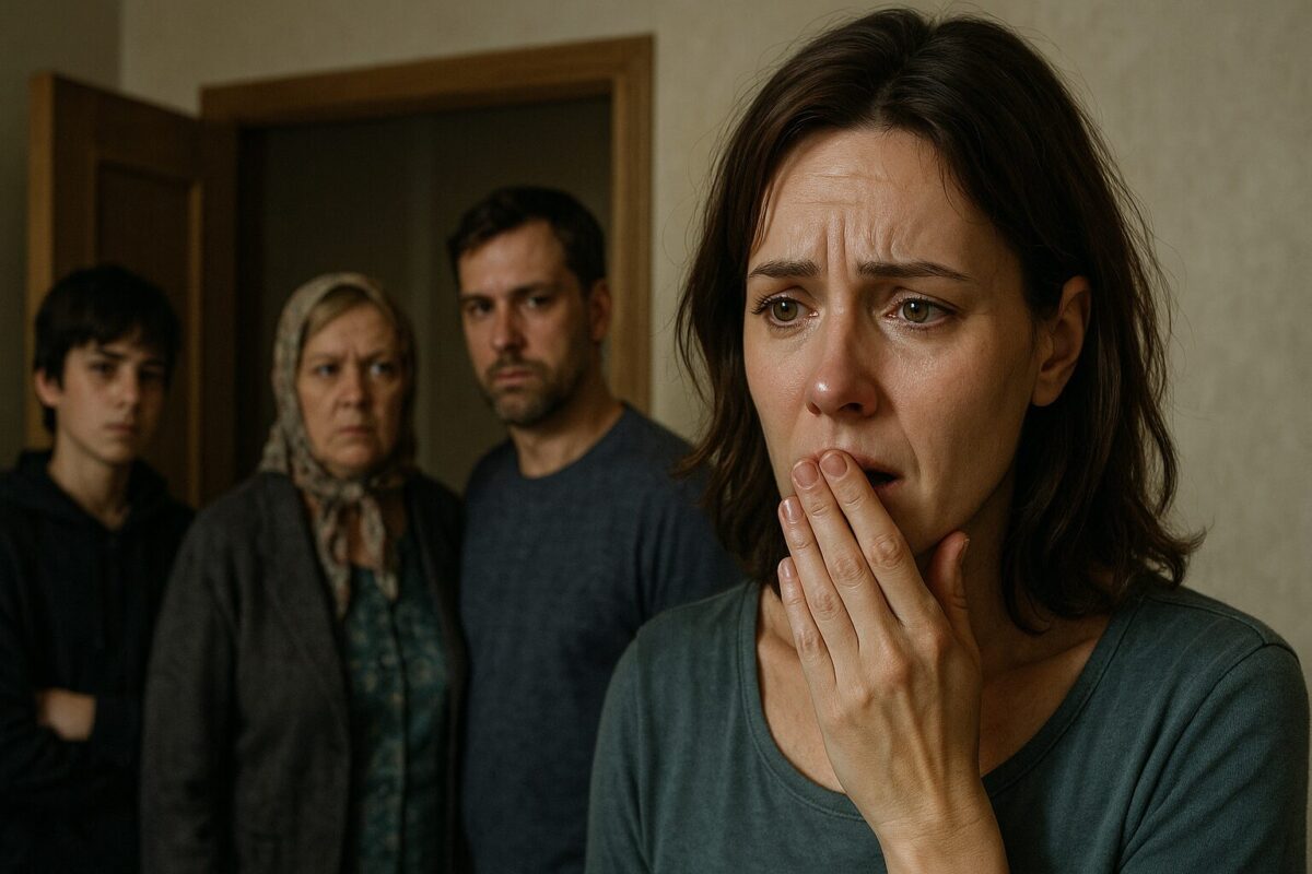 Женщина лет 35 стоит на переднем плане, потрясённо прикрывая рот рукой, на её лице видны слёзы и шок. На втором плане три человека: мужчина, подросток и пожилая женщина в платке, — все с напряжёнными, тревожными лицами. Сцена происходит в обычной квартире, атмосфера острого семейного конфликта.