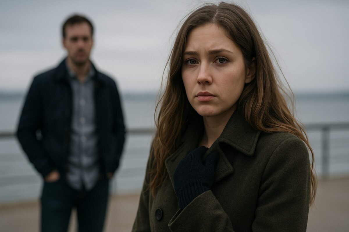 Грустная девушка на улице, вдали стоит мужчина.