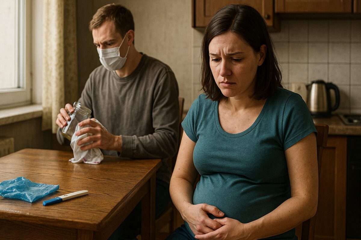 В реальной кухне беременная женщина с грустным лицом держит руки на животе, перед ней на столе лежит тест на беременность и пластиковый пакет. На заднем плане мужчина в маске тщательно протирает стеклянную банку, в комнате ощущается напряжение и тревога.