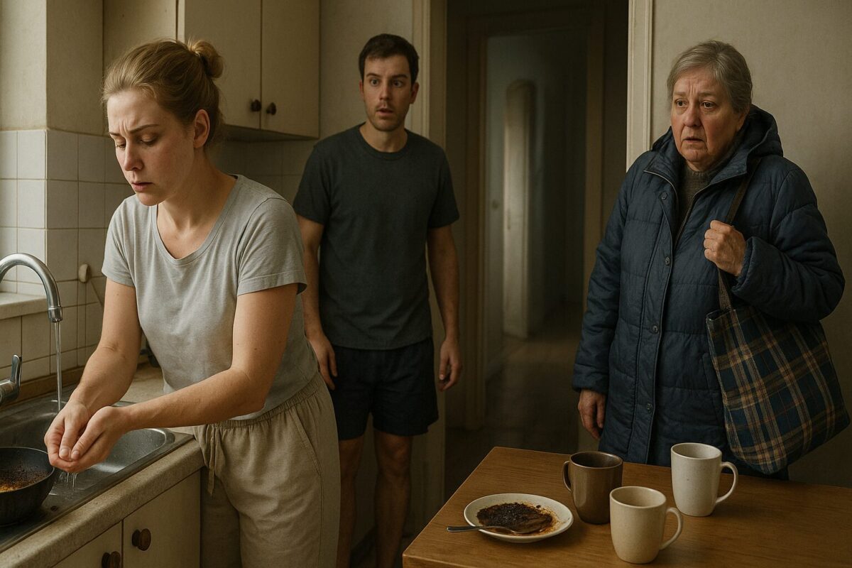 На переднем плане Анна — молодая женщина с собранными светлыми волосами, в домашней одежде, стоит у раковины и держит руку под струёй воды, выражение лица обеспокоенное. В проходе — Дмитрий, мужчина около 30 лет, в футболке и шортах, смотрит на Анну с удивлением и лёгкой тревогой. На пороге кухни стоит Валентина Петровна — пожилая женщина в синем пуховике и с клетчатой сумкой, выглядит усталой после дороги. На столе видны чашки и тарелка с пригоревшей кашей.