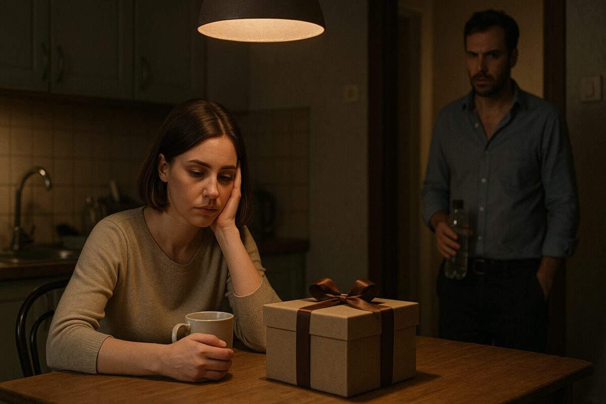 Женщина с усталым лицом сидит за кухонным столом, глядя на подарочную коробку. На заднем плане мужчина с раздражённым выражением стоит в дверях, держа в руке бутылку воды. Освещение тёплое, сцена напряжённая.