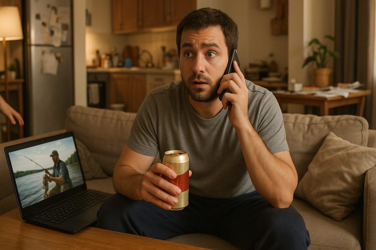 Мужчина 30–35 лет в домашней одежде сидит на диване, держит в одной руке банку пива, в другой — телефон, по которому только что ответил на звонок. На столе перед ним открыт ноутбук с роликом о рыбалке. В интерьере виден легкий творческий беспорядок и женская рука, создающая атмосферу семейной сцены. На лице мужчины — удивление и лёгкое напряжение, настроение вечера сочетает комфорт и предчувствие перемен.