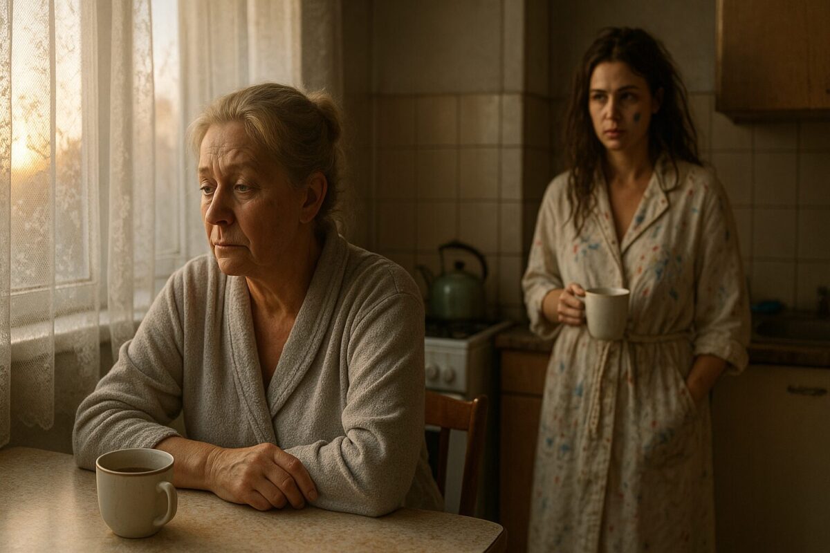 Утро на кухне хрущёвки. Женщина средних лет с усталым лицом сидит за столом у окна, перед ней — чашка чая. Сквозь тюль льётся мягкий свет. На заднем плане — молодая женщина с пятном краски на щеке и чашкой в руке, входит в комнату в испачканном халате. Атмосфера — напряжённая и интимная.