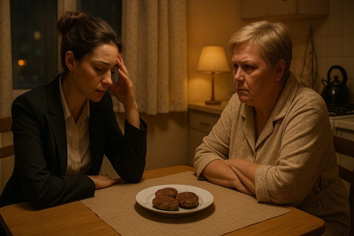 На кухне типовой квартиры, освещённой тёплой лампой, за столом сидят две женщины. Мать в халате смотрит на дочь с тревогой и раздражением. Дочь в офисной одежде потирает виски, устало от разговора. Между ними — тарелка с котлетами. Атмосфера напряжённая.