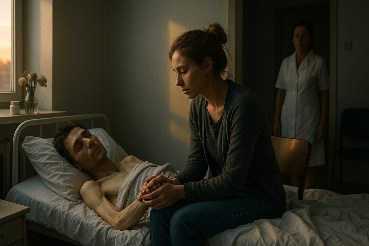 Молодая женщина с усталым лицом держит руку умирающего мужчины в больничной палате на рассвете; рядом — тумбочка с лекарствами и увядшими цветами, в дверях стоит медсестра в белом халате.