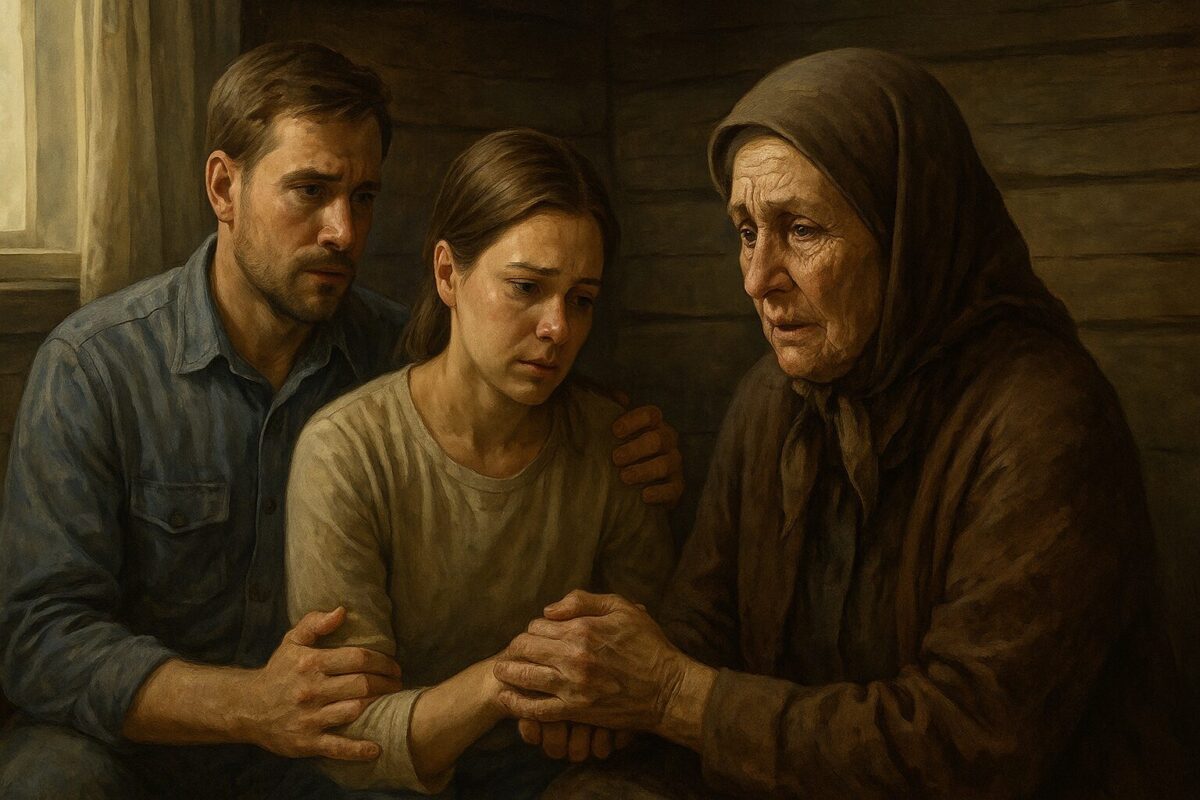 Пожилая женщина в тёмном платке сидит рядом с молодой женщиной, бережно держа её за руки. Молодая женщина выглядит расстроенной и тронутой, а рядом стоит мужчина с озабоченным выражением лица, поддерживая её рукой за плечо. Мягкий свет из окна освещает их лица, подчёркивая тёплую, душевную связь между поколениями.