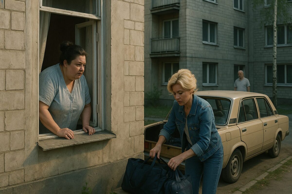 женщина в халате, выглядывает из открытого окна второго этажа с усталым и завистливым взглядом. Внизу Света, стройная блондинка в джинсовой куртке, торопливо складывает сумки в багажник старой бежевой легковушки. На фоне дома — едва видимый силуэт Алексея, пожилого мужчины в домашней одежде, который только что проснулся.