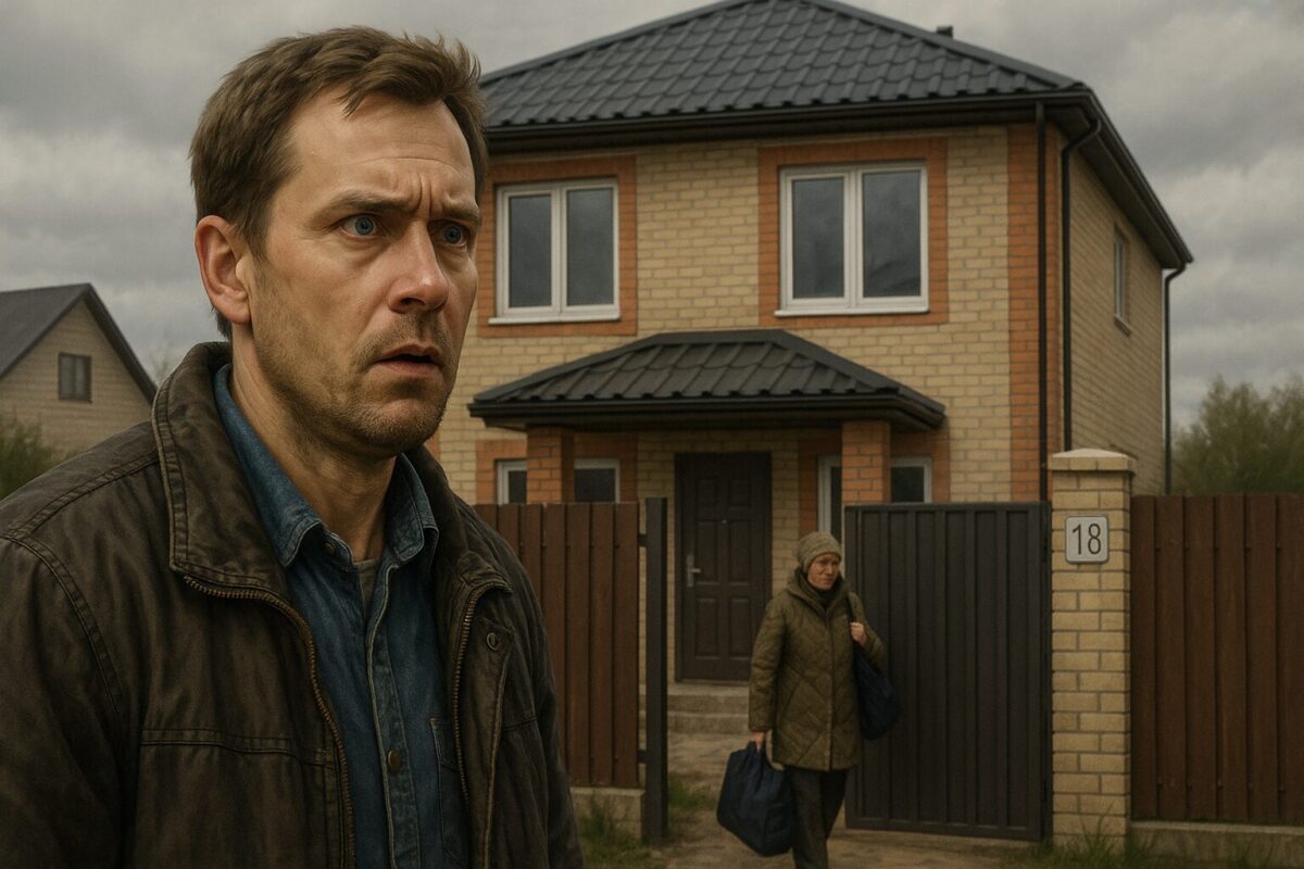 Мужчина в потрясении стоит перед новым кирпичным домом, на месте которого раньше был его родной дом.