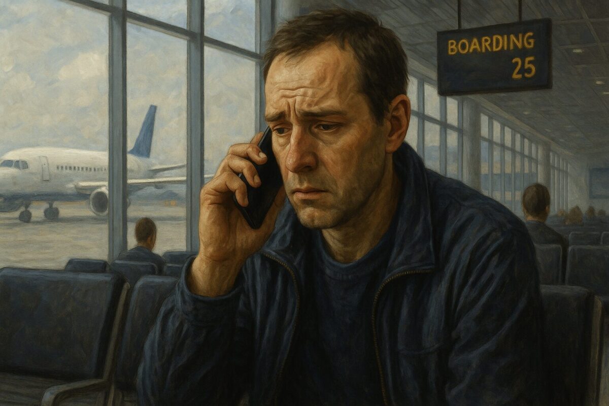 Мужчина с тревожным выражением лица сидит в аэропорту, говорит по телефону на фоне окна с самолётом и табличкой «BOARDING 25»