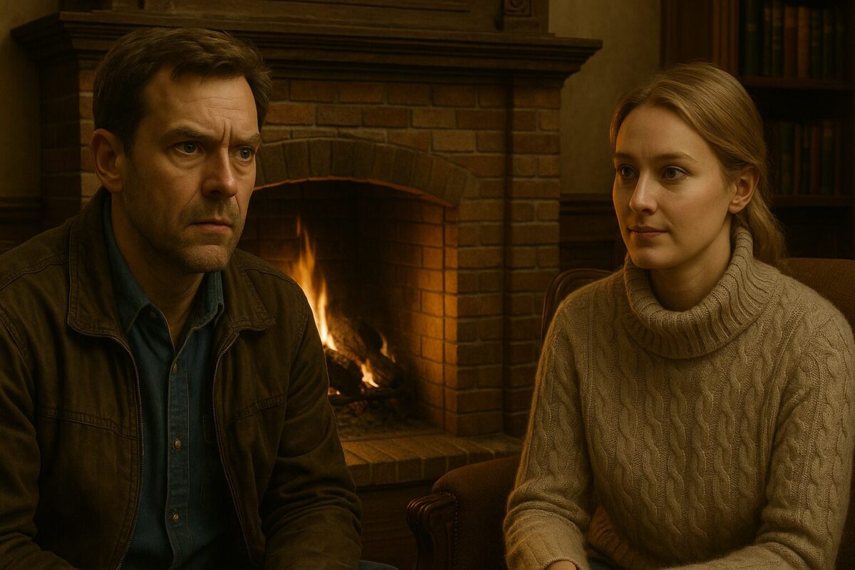 Мужчина и женщина в уютной комнате сидят у кирпичного камина, освещённые тёплым светом огня; на их лицах — сосредоточенность и внутреннее спокойствие.