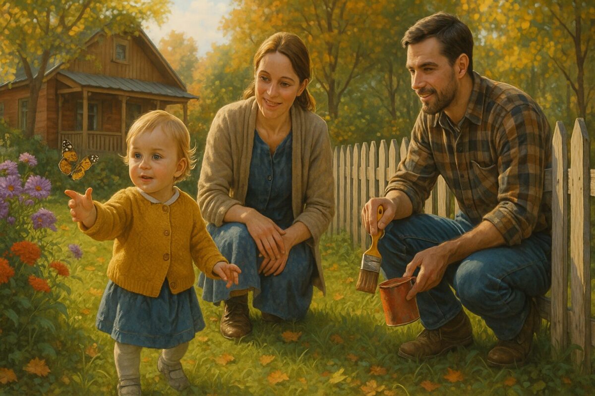 Семья из трёх человек проводит осенний день в саду: отец красит забор, мать присела рядом, а маленькая дочка тянется к бабочке среди цветов и золотой листвы.