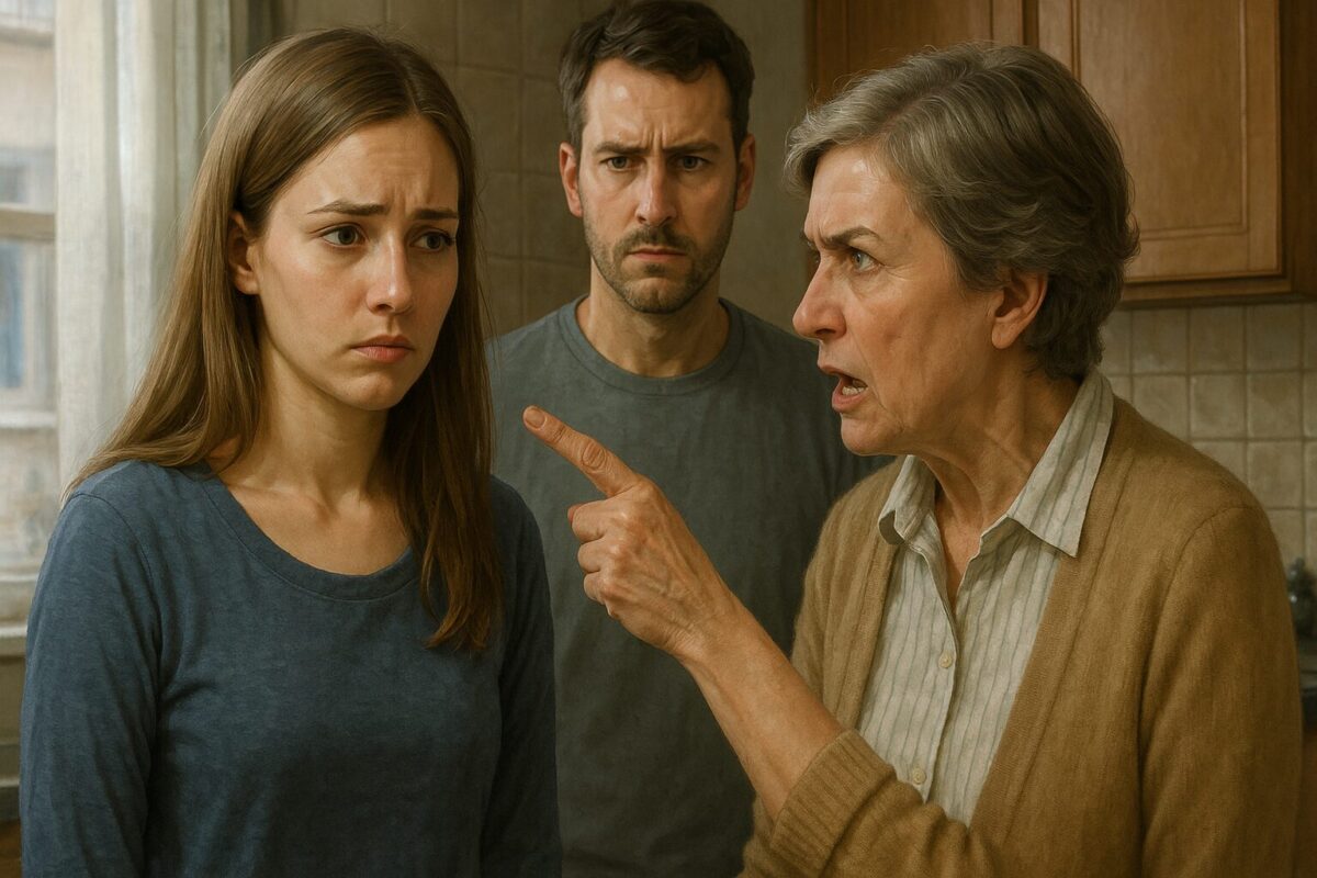 Пожилая женщина с сердитым выражением лица строго указывает пальцем на молодую женщину, которая выглядит расстроенной и подавленной. Позади стоит мужчина, наблюдающий за происходящим с обеспокоенным выражением.