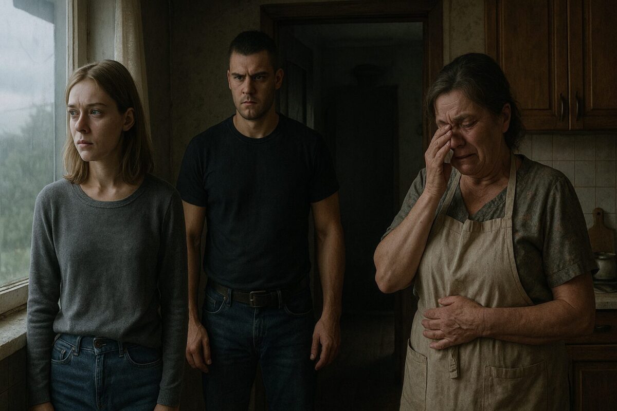 трое человек на фоне простой деревенской кухни. Молодая девушка с русыми волосами в джинсах и кофте тревожно смотрит в окно. Рядом — крепкий молодой мужчина в чёрной футболке и джинсах, стоит с мрачным лицом в дверях. Справа — пожилая женщина в фартуке, вытирает слёзы, выглядя опустошённой. Свет в комнате тусклый, за окном — пасмурное утро.