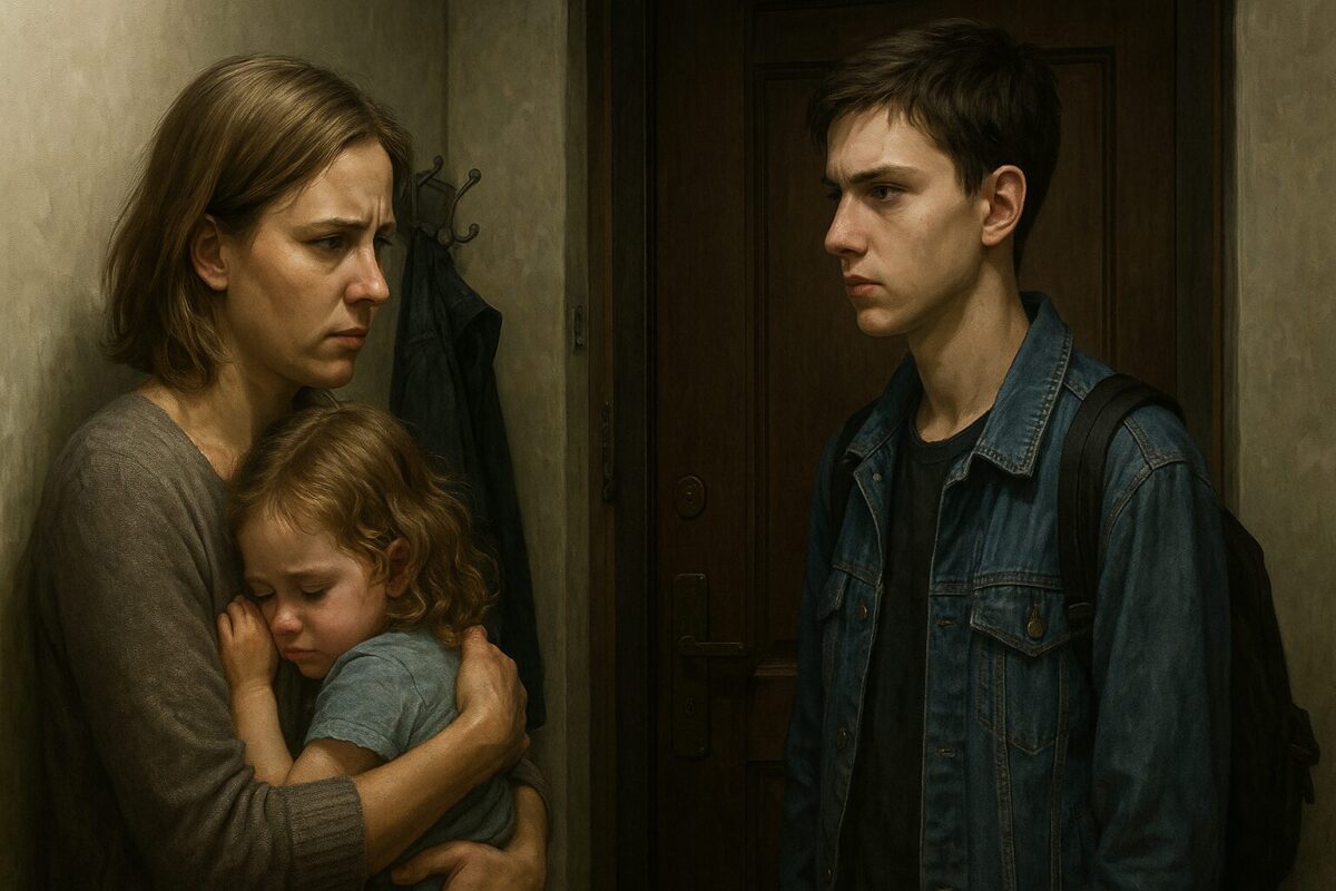 Женщина с тревожным выражением лица держит на руках маленькую девочку, прижав её к себе. Напротив стоит подросток в джинсовой куртке с рюкзаком, с холодным, отстранённым взглядом. Сцена разворачивается в тесной прихожей у входной двери, передавая напряжение и эмоциональную дистанцию между персонажами.