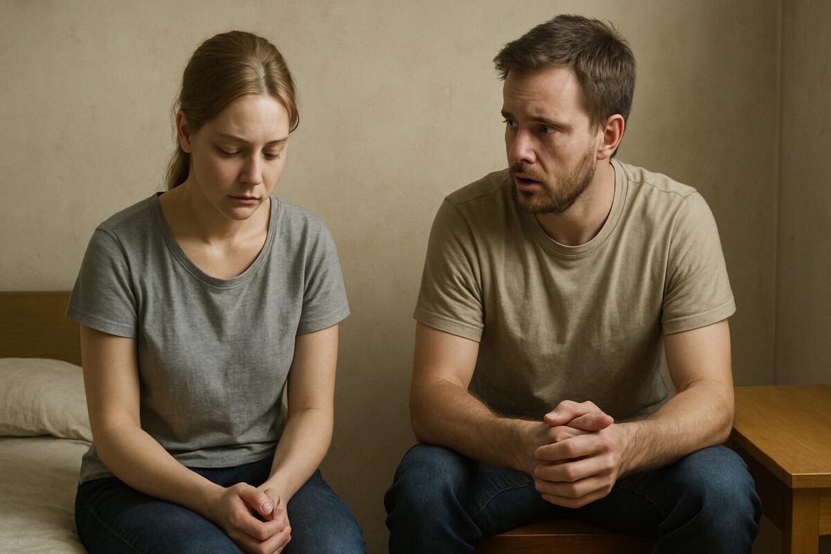 Мужчина и женщина в повседневной одежде сидят рядом в комнате с бежевыми стенами; она с опущенным взглядом, он — с озабоченным выражением, наблюдает за ней.