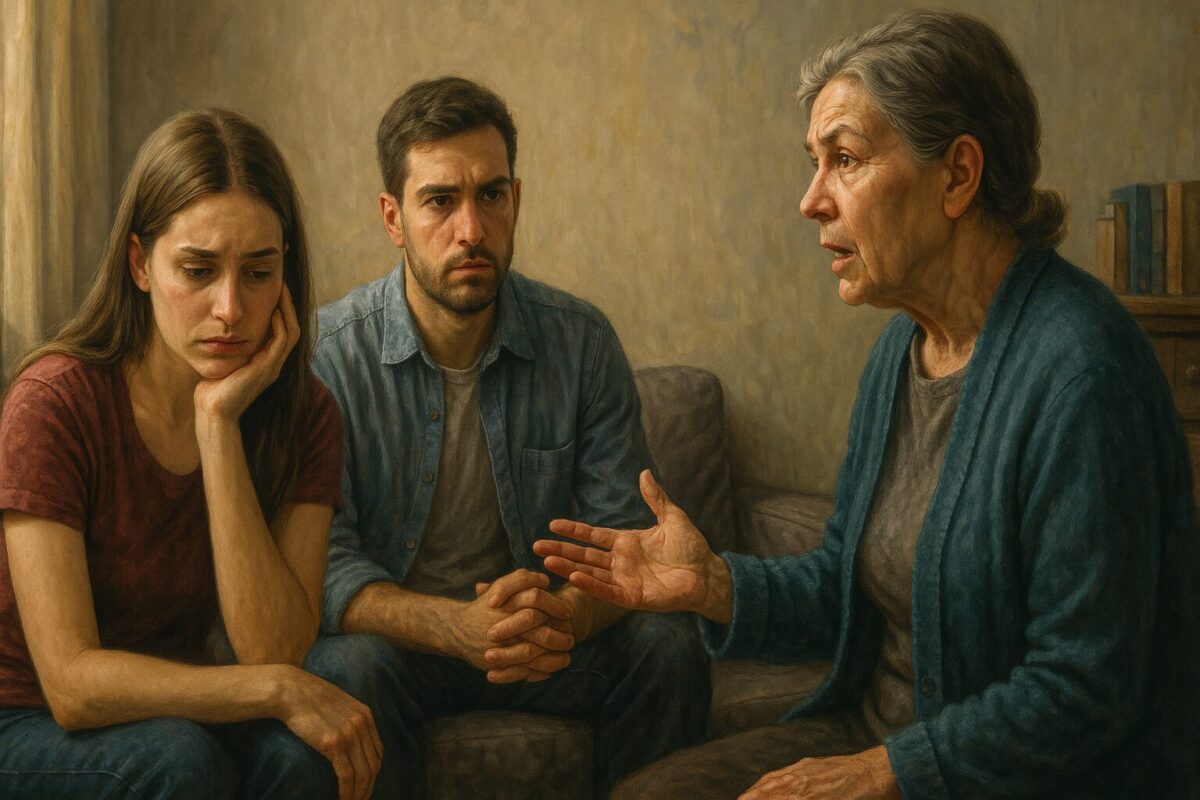Семейный конфликт: пожилая женщина строго разговаривает с молодой парой в простой гостиной, передавая напряжённую атмосферу домашнего напряжения
