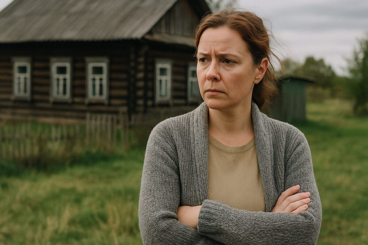 Женщина средних лет стоит на фоне деревенского дома, с серьёзным выражением лица и скрещёнными руками.