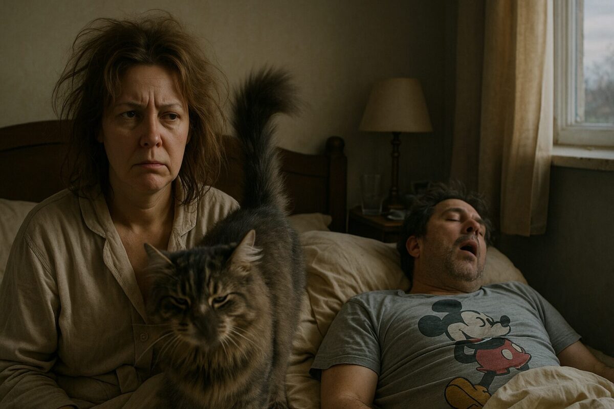Утро в спальне: женщина с растрёпанными волосами и уставшим лицом сидит на кровати в халате, рядом спит мужчина в футболке с Микки-Маусом, храпя; между ними пушистый кот, чей хвост оказался перед лицом женщины. Светлый, слегка неопрятный интерьер, за окном — слабый рассвет.