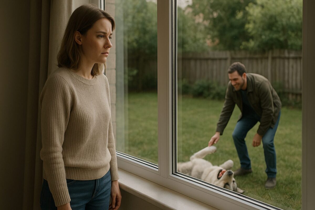 Женщина в домашней одежде стоит у окна, глядя на мужчину, который играет с большой бело-серой собакой на зелёной лужайке во дворе. На её лице — задумчивость и лёгкое раздражение, а снаружи — радостная сцена игры.