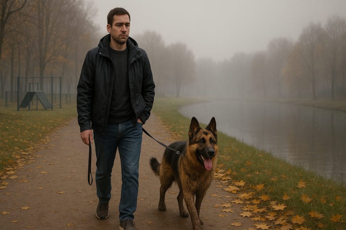 Мужчина в осенней одежде идёт по туманной парковой дорожке с овчаркой на поводке; собака грязная, довольная, вокруг жёлтые листья, вдали пустая собачья площадка и пруд.