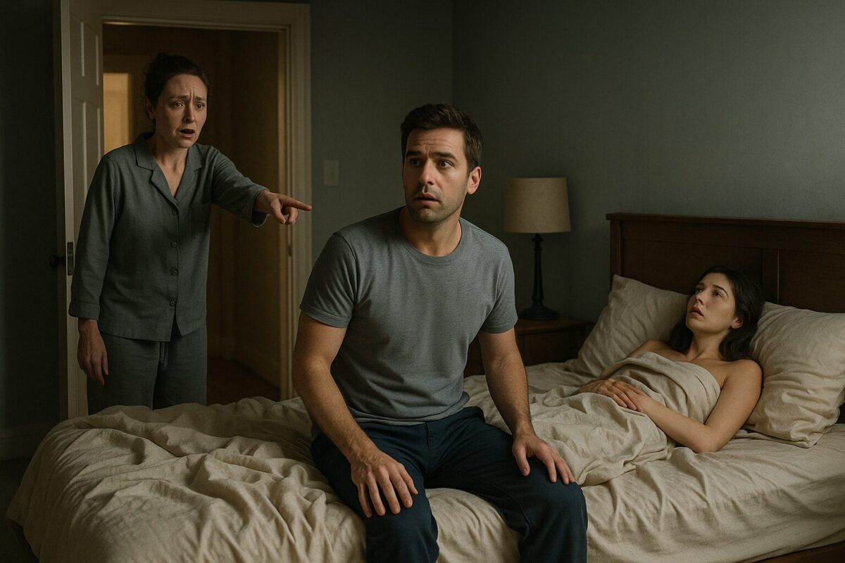 Мужчина в серой футболке и тёмных штанах сидит на краю кровати в спальне, ошарашенно глядя вперёд. Позади него в кровати лежит молодая женщина под простынёй. В дверном проёме стоит женщина в домашней одежде, указывая на кровать с выражением боли и гнева. Атмосфера напряжённая, освещение мягкое, утреннее.