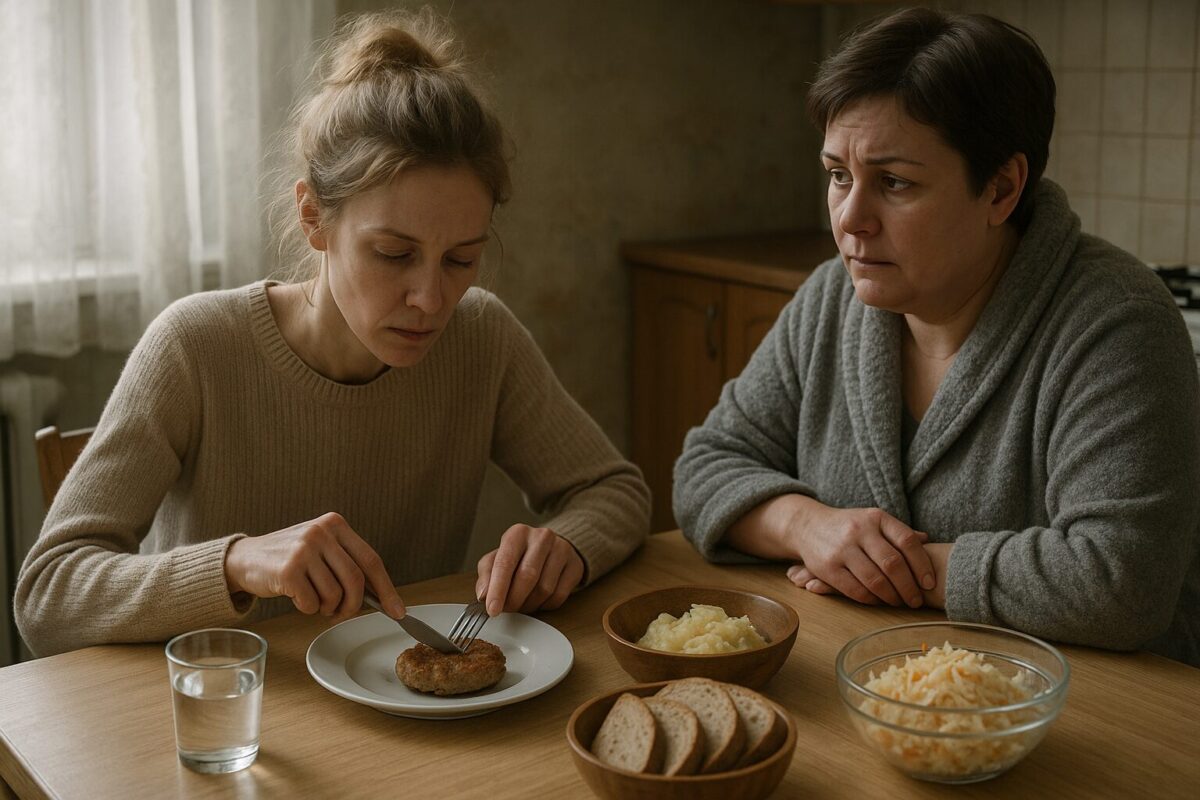 За столом сидят две женщины: Мария (35 лет, худощавая, светлые волосы в пучке, усталое лицо в светлом свитере) ест котлету маленькими кусочками, взгляд сосредоточенный и напряжённый; Лариса (38 лет, крепкая, короткие тёмные волосы, в домашнем халате) с тревогой и заботой наблюдает за ней. На столе простая еда: хлеб, пюре, салат, стакан воды.