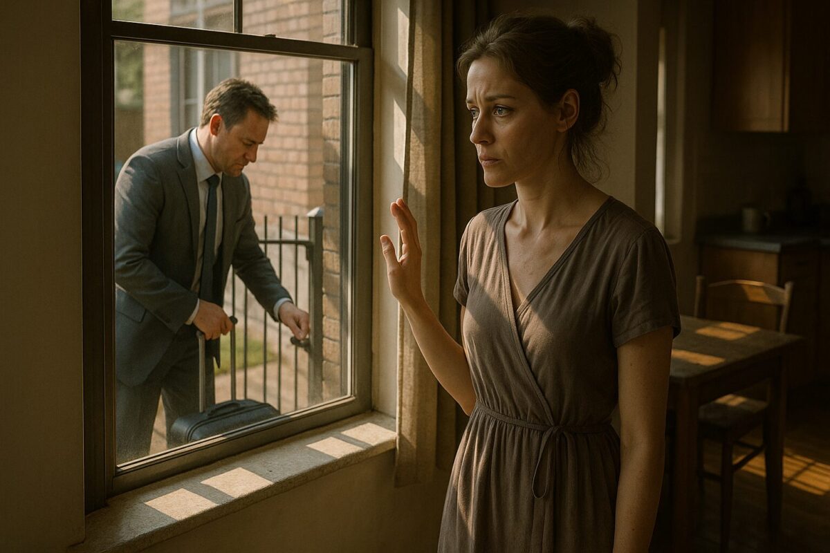 Женщина в домашнем платье стоит у окна, наблюдая за мужчиной во дворе, который проверяет замки чемодана. Утренний солнечный свет скользит по полу, отбрасывая геометрические тени. Атмосфера лёгкого напряжения и предчувствия.