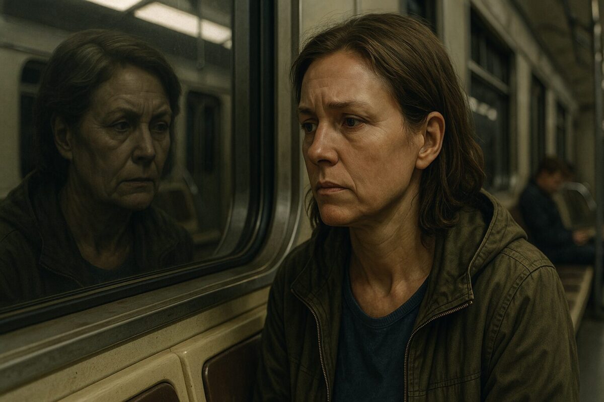 Женщина со строгим лицом сидит в вагоне метро и задумчиво смотрит в окно. В отражении видна её мать — более старая версия той же женщины, с суровым выражением лица. Атмосфера подавленная и тревожная, в кадре преобладают тусклые, землистые тона.