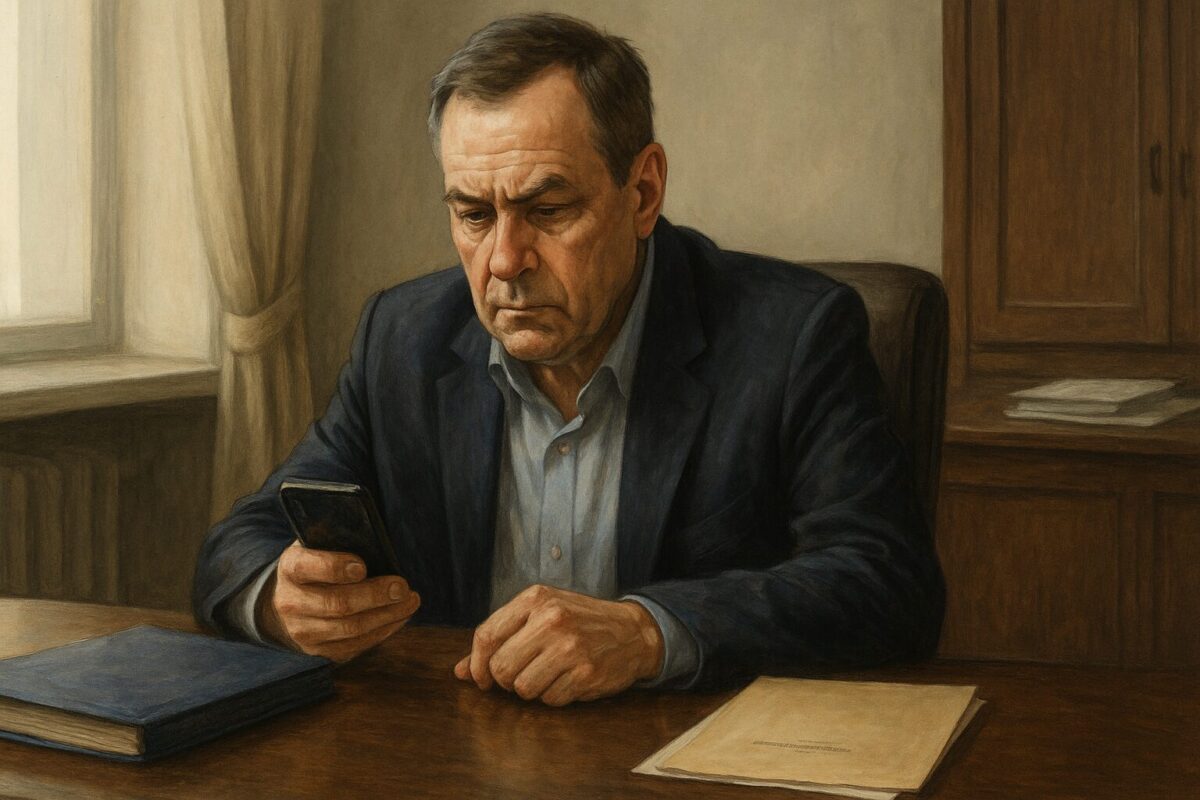 Пожилой мужчина в строгом костюме сидит за столом, внимательно смотрит в телефон, перед ним — документы и две папки.