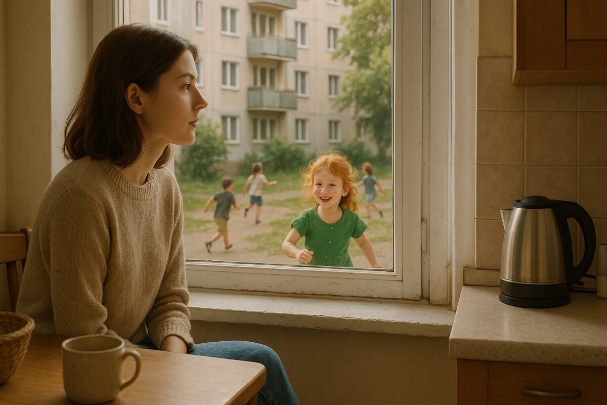 Молодая женщина сидит за кухонным столом и с задумчивостью смотрит в окно, где на дворе весело бегает рыжеволосая девочка в зелёном платье среди других детей. Светлая, тёплая утренняя атмосфера.