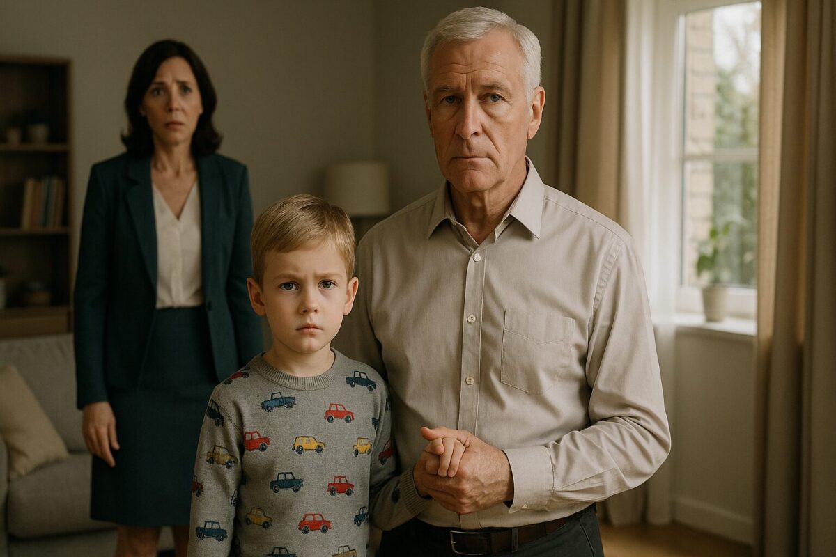 Пожилой мужчина держит за руку серьёзного мальчика в джемпере с машинками. На заднем плане стоит женщина с обеспокоенным выражением, в элегантной одежде. Атмосфера напряжённая, гостиная наполнена дневным светом.
