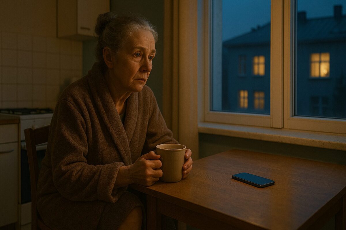 Пожилая женщина в халате сидит на кухне у окна, держит в руках кружку, устало глядя в темноту. За окном видны освещённые окна соседнего дома. Лампочка в комнате отсутствует, освещение мягкое, на столе лежит смартфон.