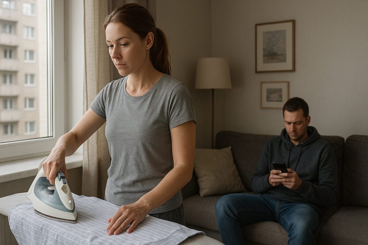 Женщина гладит рубашку у окна в городской квартире, а мужчина сидит на диване, уткнувшись в телефон. Между ними ощущается эмоциональная дистанция и лёгкое напряжение. Спросить ChatGPT