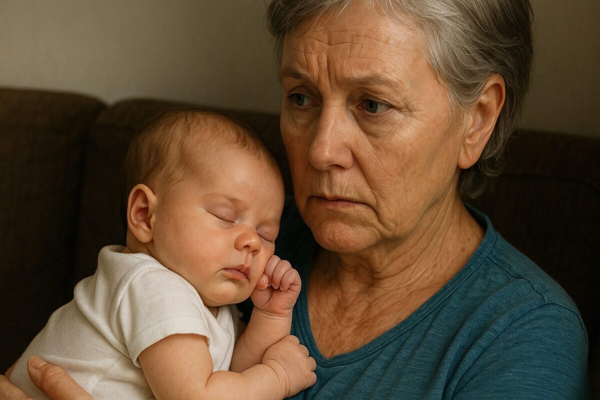 Пожилая женщина с седыми волосами и задумчивым взглядом держит на руках спящего младенца. Ребёнок, одетый в белый комбинезон, уютно устроился у неё на груди, его крошечная ручка сжата в кулачок. Свет мягко освещает их лица, подчёркивая эмоции: в глазах женщины — печаль и любовь, в чертах ребёнка — покой.