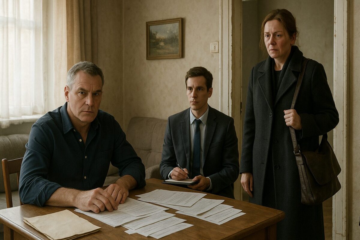 Утро в гостиной родительской квартиры. Виктор сидит за столом с документами, рядом напряжённый молодой юрист с блокнотом. В дверях стоит уставшая Марина в пальто с сумкой через плечо. Атмосфера натянутая.