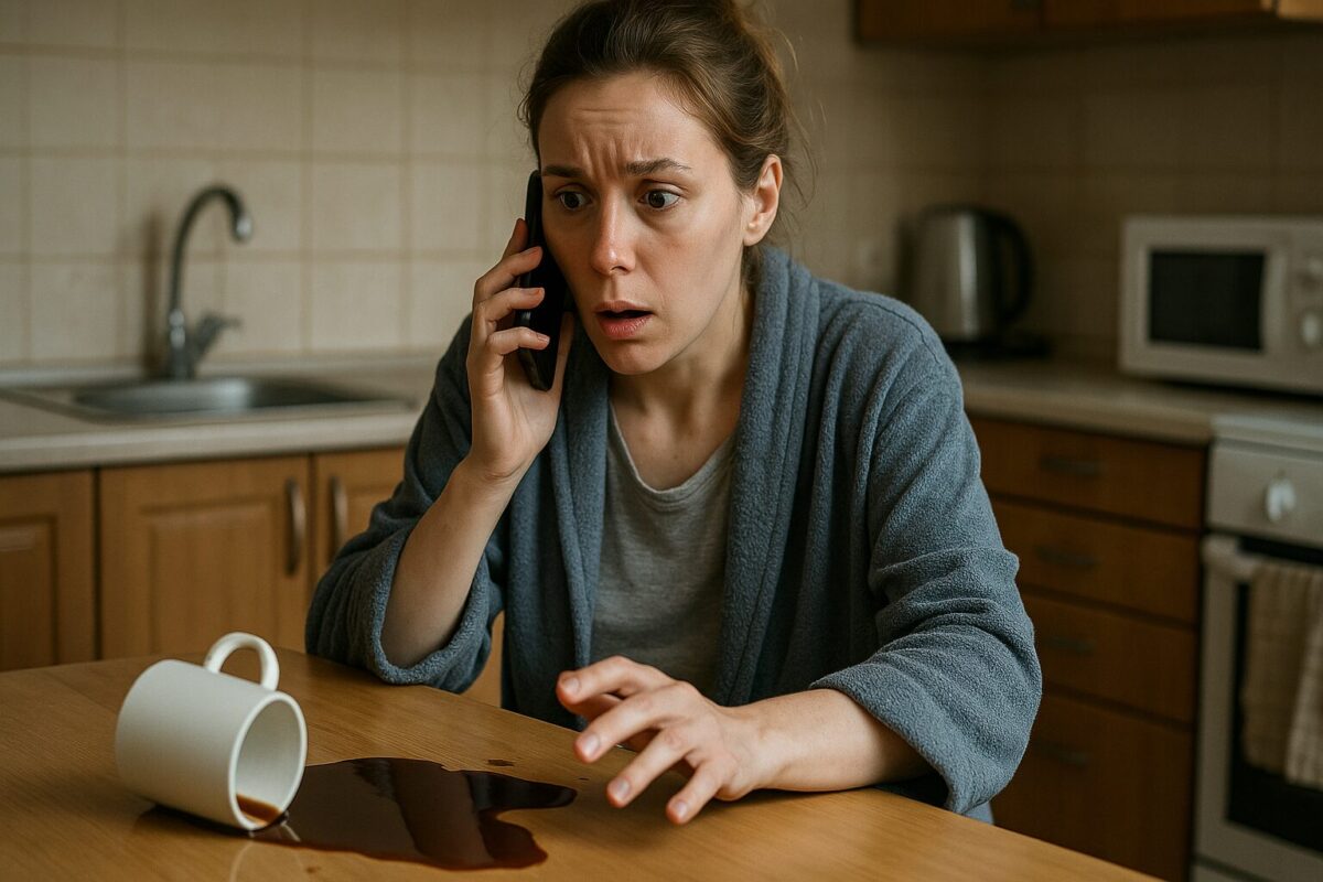 Женщина в халате сидит на кухне, с выражением шока и тревоги, говорит по телефону; рядом на столе пролита кружка с кофе.