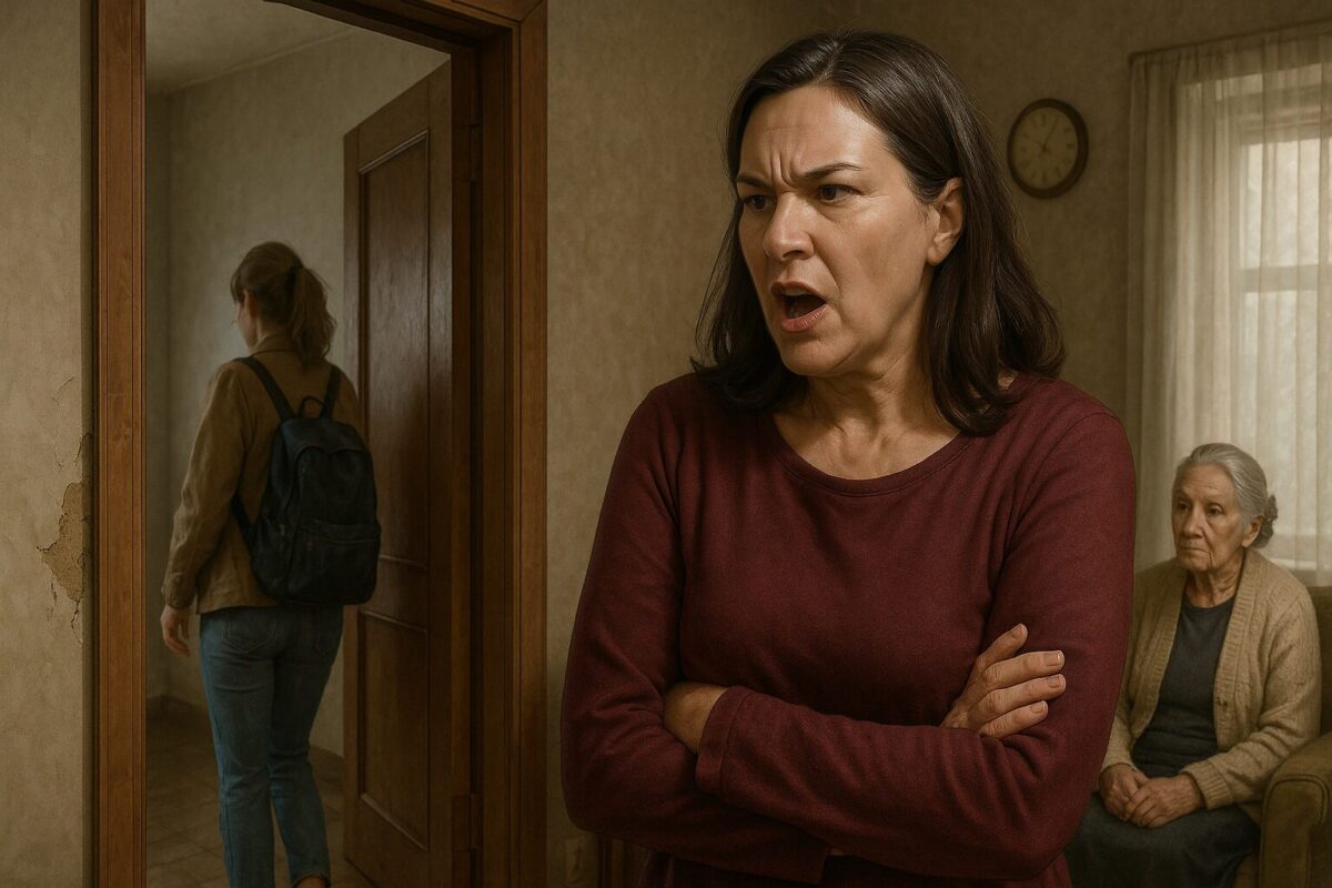 женщина средних лет с нахмуренным лицом и скрещёнными руками — она явно в гневе или тревоге. Позади неё, у окна, сидит пожилая женщина с седыми волосами, обеспокоенно глядя в сторону открытой двери. В дверном проёме видна молодая девушка с рюкзаком, уходящая прочь.