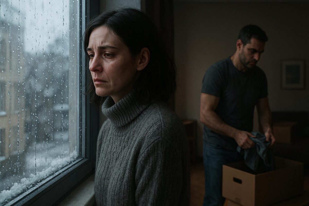 Женщина в сером свитере стоит у окна, глядя в сторону с выражением боли и печали. За окном — капли дождя и мокрый снег. На заднем плане мужчина в футболке складывает вещи в коробку. Атмосфера тревожная, напряжённая. Комната с приглушённым светом, всё выглядит реалистично и драматично.