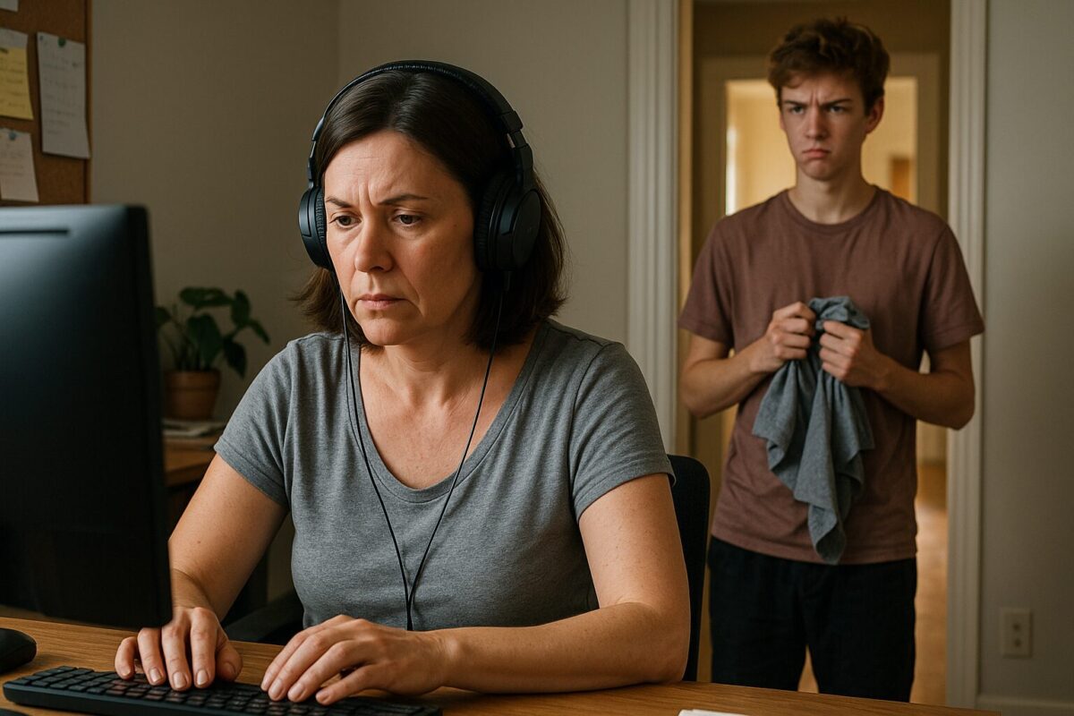 Женщина в наушниках напряжённо работает за компьютером, пока её сын-подросток стоит в дверях с недовольным выражением лица, держа в руках смятую футболку.