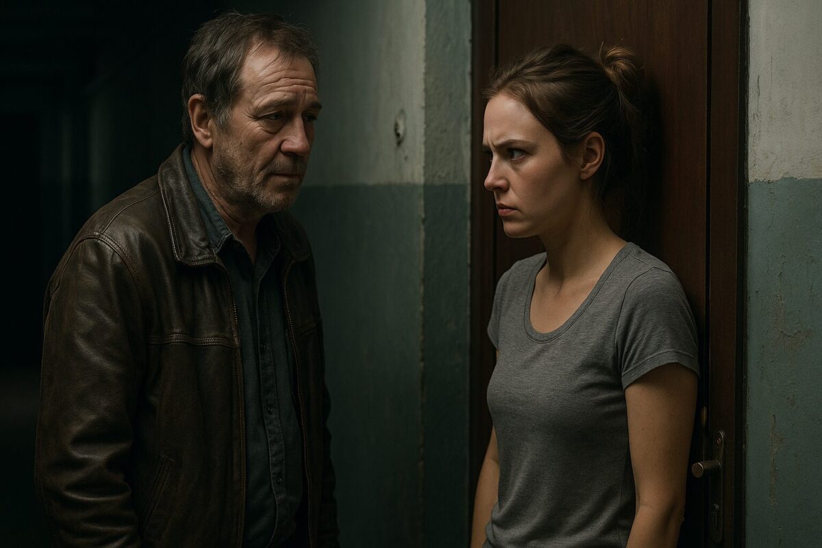 Мужчина средних лет с усталым видом стоит у двери квартиры, глядя на насторожённую молодую женщину, прикрывшую собой проход. Обстановка подъезда старая, стены обветшалые, освещение тусклое. Атмосфера напряжённая, лица персонажей отражают внутренний конфликт.