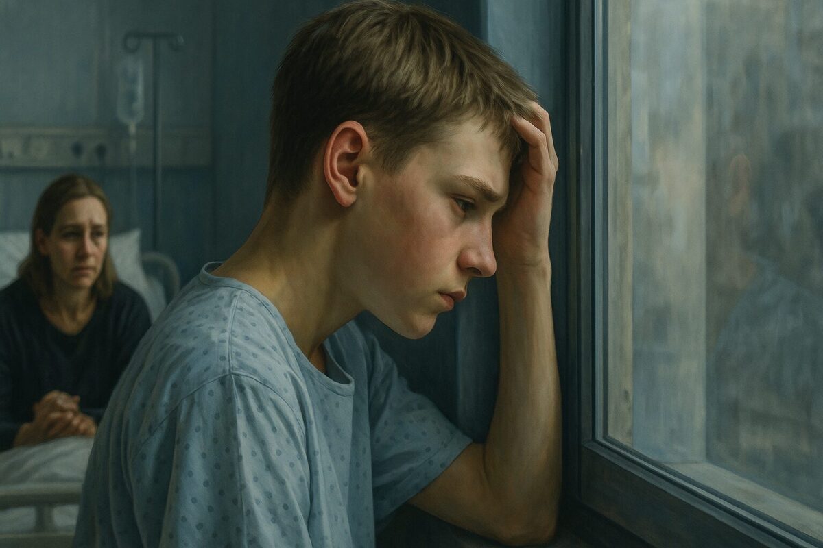 Подросток в больничной палате сидит у окна, прислонившись лбом к стеклу, с выражением боли и задумчивости. На заднем плане его мать, усталая и печальная, сидит на кровати.