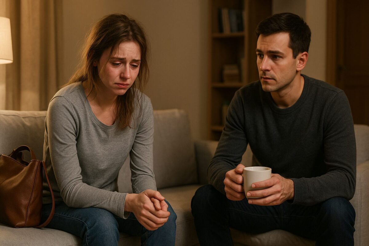 Молодая женщина с заплаканными глазами сидит на диване в комнате, рядом её сумка; напротив — обеспокоенный мужчина с чашкой чая в руках. Атмосфера напряжённая и эмоциональная, тёплый свет в уютной квартире.