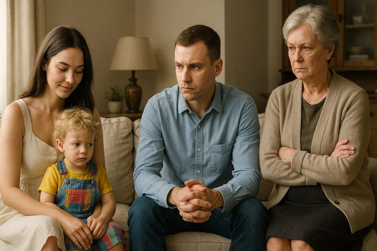 Светлана в легком платье держит Ваню, кудрявого малыша; Андрей в голубой рубашке напряжен; Галина Петровна сурова.