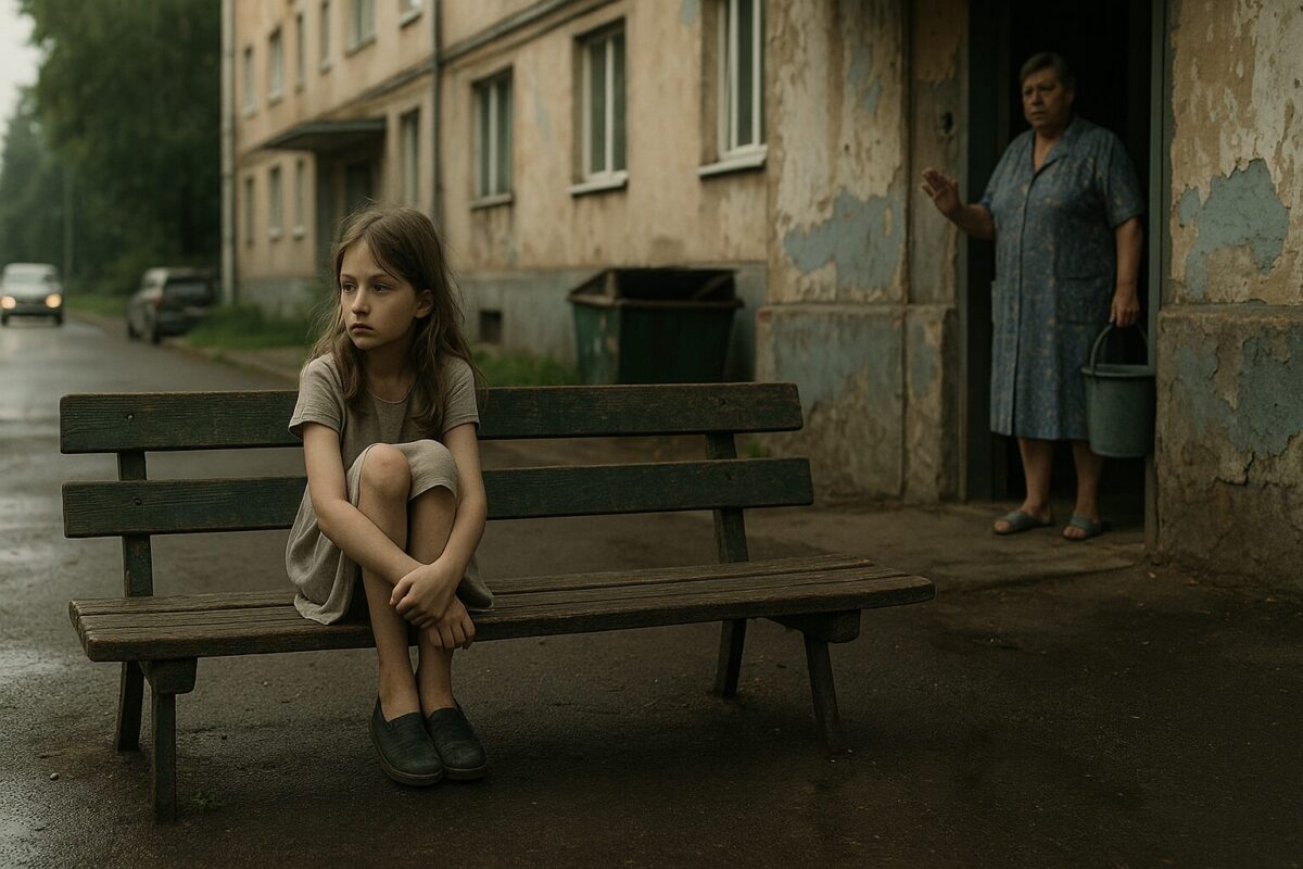 Девочка лет восьми сидит на деревянной скамейке возле облупленного подъезда, в дверях — пожилая женщина с ведром, летнее утро, влажный асфальт, атмосфера тревожного ожидания.