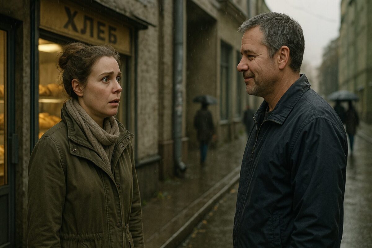 Женщина и мужчина стоят друг напротив друга у хлебного магазина в дождливый день, между ними напряжённая пауза.