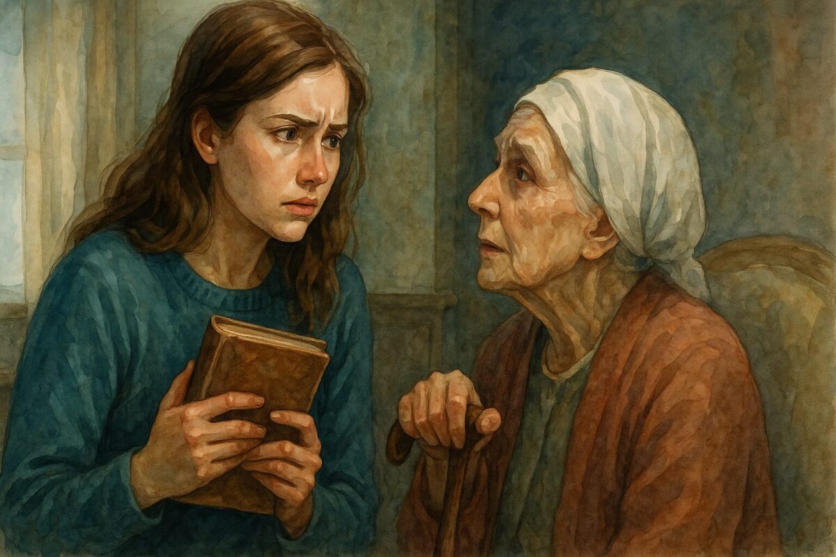 Молодая женщина с длинными каштановыми волосами держит в руках старый блокнот и с тревогой смотрит на пожилую женщину в платке, сидящую в кресле с тростью. Обе находятся в тускло освещённой комнате, сцена передаёт напряжённый момент откровения.