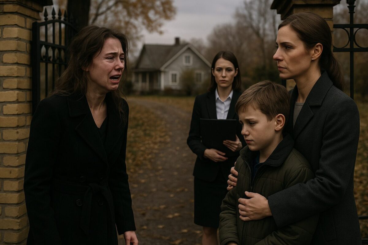 Конфликт у загородного дома — женщина в трауре, мальчик с опекуном, рядом сотрудница органов.