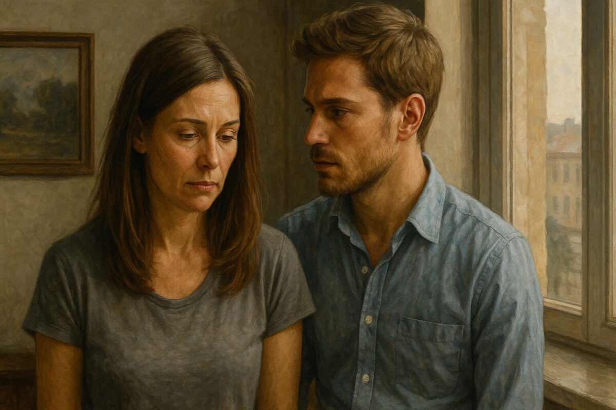 женщина и мужчина в тёпло освещённой комнате. Женщина с каштановыми волосами и усталым выражением лица стоит, немного опустив голову, её взгляд направлен вниз.