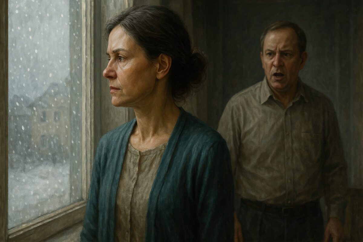 Женщина у окна с решительным взглядом, мужчина за спиной кричит — сцена напряжённого разговора на фоне зимнего пейзажа.